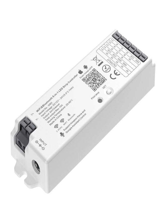 BTF-LIGHTING وحدة تحكم إضاءة LED من BTF-LIGHTING، 5 في 1، WB5، بتردد 2.4 جيجاهرتز، تعمل بتقنية واي فاي PWM، متوافقة مع Alexa وGoogle Home وSmart Life وتطبيق Tuya الذكي للتحكم في شدة إضاءة شرائط LED بألوان CCT وRGBW وRGBCCT. تعمل مع شرائط WR01RF وWR02RF وغيرها. - Image 1